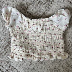 Old Navy Cream Smocked Floral Crop-like shirt with Pink Flowers